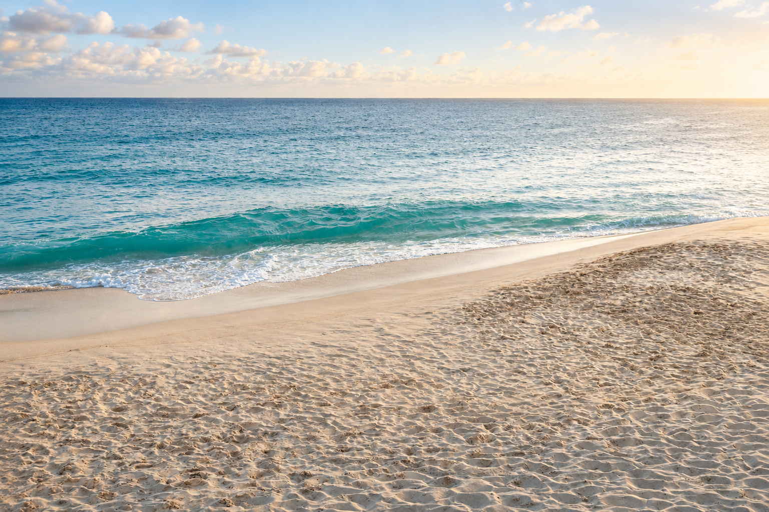 Calm turquoise Caribbean sea meeting a soft sand beach at golden hour
